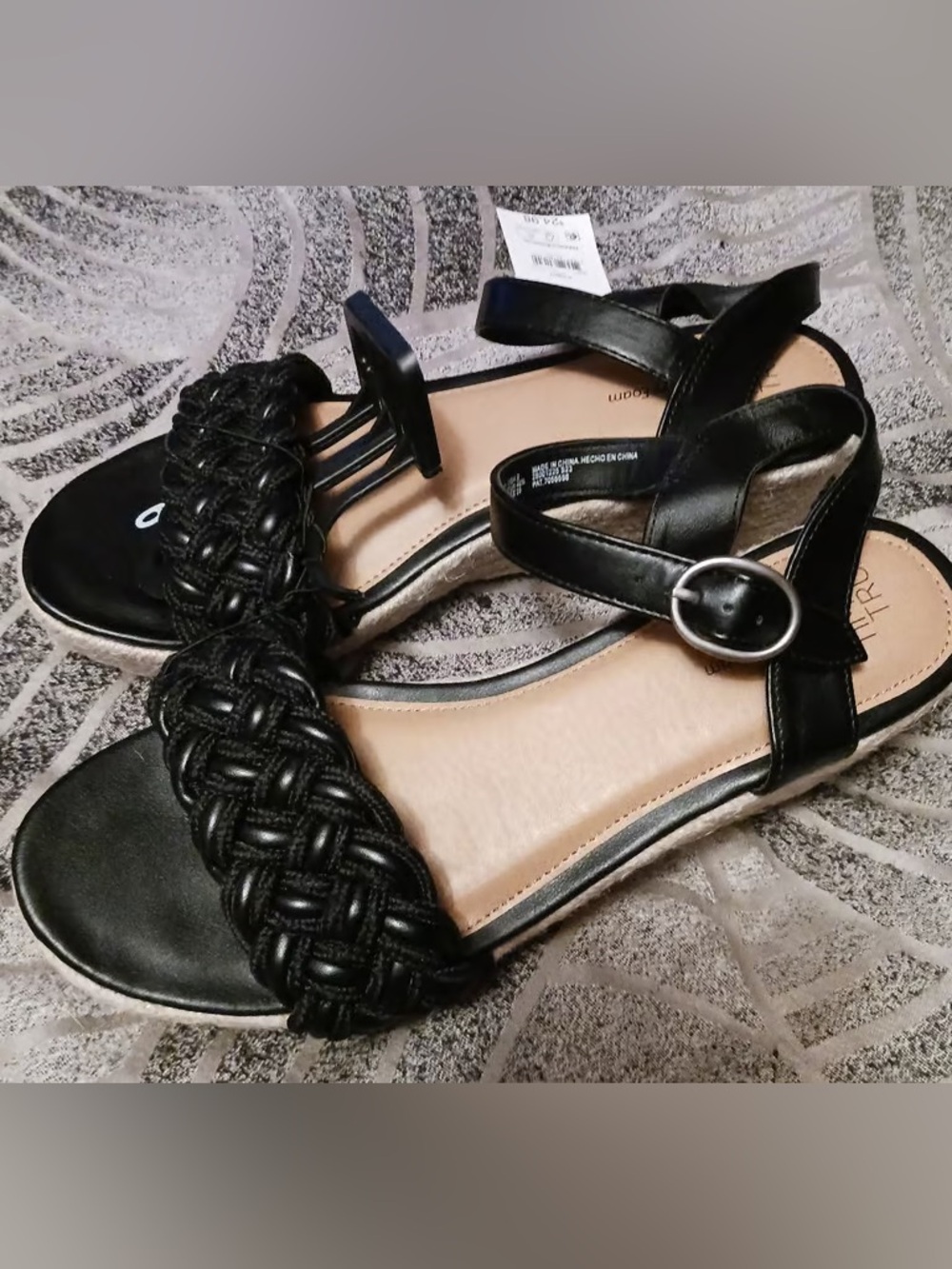 Time and Tru Black Braided Front Ankle Strap Sandals